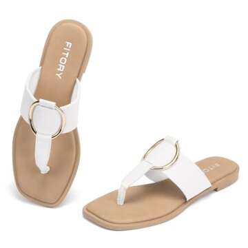 FITORY Women's Wide Thong Flip Flop Sandal,Fashion Slides Casual Flat Sandal for Summer White Size 9