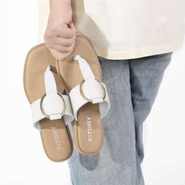 FITORY Women's Wide Thong Flip Flop Sandal,Fashion Slides Casual Flat Sandal for Summer White Size 9