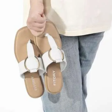 FITORY Women's Wide Thong Flip Flop Sandal,Fashion Slides Casual Flat Sandal for Summer White Size 9