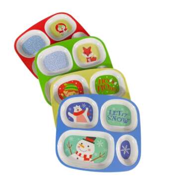 4E's Novelty Christmas Dinnerware Divided Plates For Kids (Set of 4) Melamine Plastic BPA Free Secti...