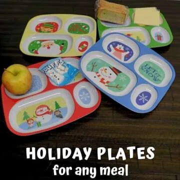 4E's Novelty Christmas Dinnerware Divided Plates For Kids (Set of 4) Melamine Plastic BPA Free Sectional Holiday Dinner Plates, Christmas Dishes for Toddlers