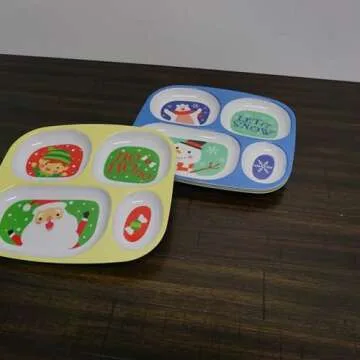 4E's Novelty Christmas Dinnerware Divided Plates For Kids (Set of 4) Melamine Plastic BPA Free Sectional Holiday Dinner Plates, Christmas Dishes for Toddlers