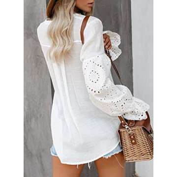 Canikat Women's Cute Summer V Neck Rekindle Eyelet Flowy Bell Long Sleeve Blouses Solid Casual Loose Ruffles Button Down T Shirts Tops White S