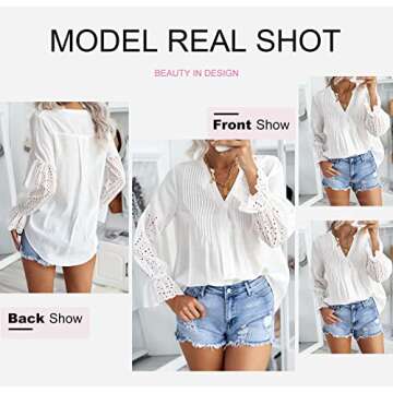 Canikat Women's Cute Summer V Neck Rekindle Eyelet Flowy Bell Long Sleeve Blouses Solid Casual Loose Ruffles Button Down T Shirts Tops White S