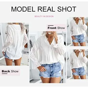 Canikat Women's Cute Summer V Neck Rekindle Eyelet Flowy Bell Long Sleeve Blouses Solid Casual Loose Ruffles Button Down T Shirts Tops White S