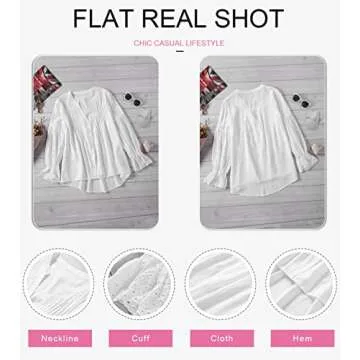 Canikat Women's Cute Summer V Neck Rekindle Eyelet Flowy Bell Long Sleeve Blouses Solid Casual Loose Ruffles Button Down T Shirts Tops White S