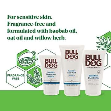 Bulldog Mens Skincare and Grooming Sensitive Full Face Kit with Moisturizer, Face Wash and Face Scru...