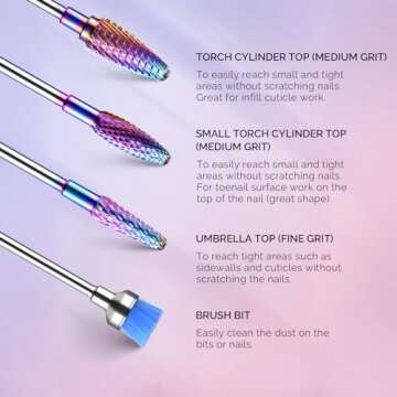 MelodySusie Nail Drill Bits Set, 7pcs Tungsten Carbide Diamond Nail Drill Bits for Acrylic Nails Poly Gel Cuticle Remove, 3/32'' Professional Nail Bits for Nail Drill Efile (A-Colorful)
