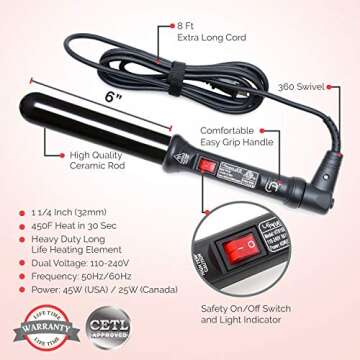Le Angelique 1.25 Inch Large Barrel Ceramic Curling Wand for Long Hair & Big Beach Waves Curls - 32 ...