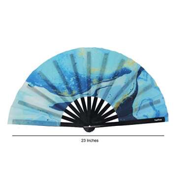 FestiFanz Large Blue Marble Folding Hand Fan, Rave Fan, Festival Fan, Club Fan, Bamboo Fan - for Eve...