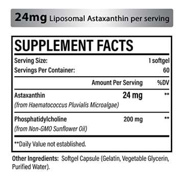 Liposomal Astaxanthin Supplement 24 MG, Maximum Absorption, Antioxidant Stronger Than VIT C, Non-GMO & Gluten Free - 60 Softgels(2 Months Supply)
