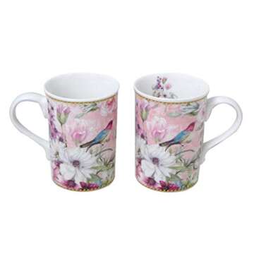 Lightahead Elegant Bone China Two Mugs set in bird design 11.2 oz each cup in attractive gift box, Pink