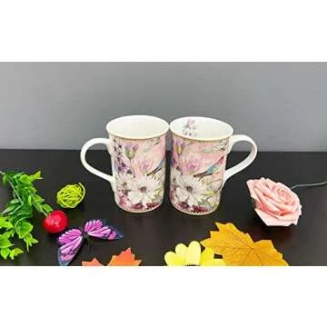 Lightahead Elegant Bone China Two Mugs set in bird design 11.2 oz each cup in attractive gift box, Pink