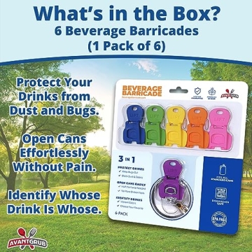 Complete Cover Easy Tab Opener New and Improved 6PK Beverage Barricade 2.0 by Avant Grub. Colorful Drink Can Protector Cap for Soda, Beer, Coke Shields From Bugs, Bees, Dust at the Party, BBQ, Beach