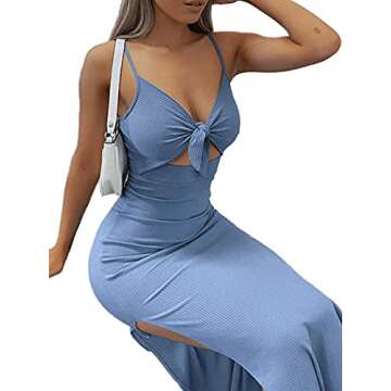 LYANER Women's Tie Knot Cut Out Side Split Hem Sleeveless Knit Bodycon Maxi Dress Blue Small