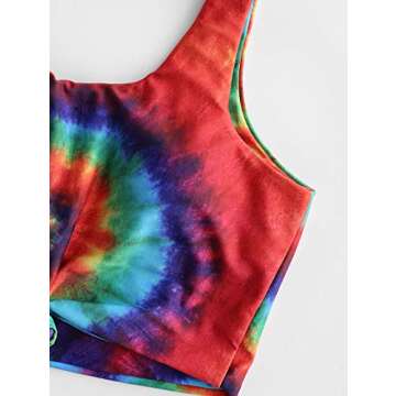 ZAFUL Women's Knot Scoop Neck Bikini Set Ruched High Waisted Two Piece Swimsuits Tankini, Tie Dye, M