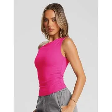 Trendy Queen Womens Off The Shoulder Tops Summer Shirts Going Out Crop Tank Top Plus Size Y2K Fashion Workout Outfits BrightPink S