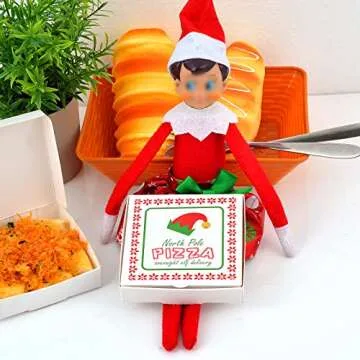 50 Pcs Elf Mini Pizza Box Christmas Pizza Box Square Cardboard Mini Pizza Box with Elf Sticker for Celebrations Party Favors Christmas Birthdays Valentines Day Weddings（3.54 x 3.54 x 0.78 inches)）