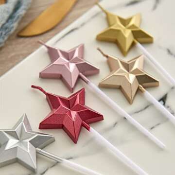 Saododku Birthday Candles, Star Shaped Gold Birthday Candles for Cake, 5pcs Metallic Color Stereo Sh...