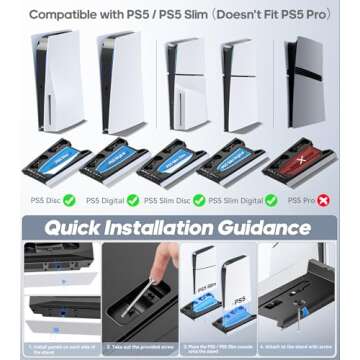 PS5/ PS5 Slim Stand for Disc & Digital Console, PS5 Cooling & Charging Station with 3-Level Fan, PS5 Controller Charger for PS5 & Edge Controller, PS5/Slim Accessories with 3 Charging Ports