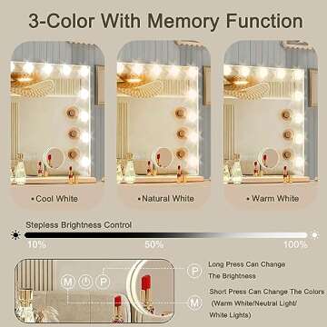 Ratsamee Hollywood Vanity Mirror with Lights, 15 Led Bulbs，3 Color Lights，Make Up Lighted Mirror, Aluminum Metal Frame,USB Charging Port（23" x 18"）