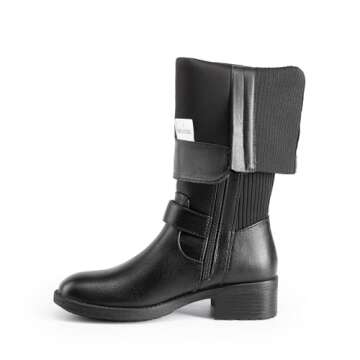 DREAM PAIRS Women's Knee High Boots Comfortable Elastic Knit Fabric Chunky Block Heel Round Toe Side Zipper Riding Biker Motorcycle Buckle Boots,Size 8.5,BLACK-FABRIC,UTAH-1