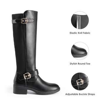 DREAM PAIRS Women's Knee High Boots Comfortable Elastic Knit Fabric Chunky Block Heel Round Toe Side Zipper Riding Biker Motorcycle Buckle Boots,Size 8.5,BLACK-FABRIC,UTAH-1