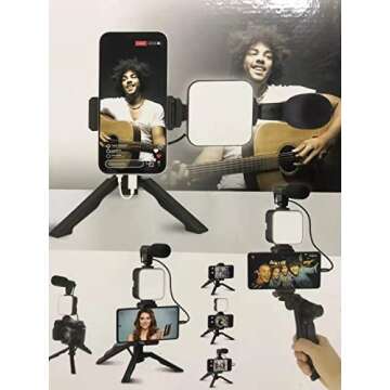 Content Creator Kit, for YouTube, TicToc, Vlogging, Video Making Accessories, Light, Microphone, Tripod, Handle, Holds a Cellphone or Camera, Black