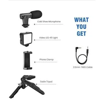 Content Creator Kit, for YouTube, TicToc, Vlogging, Video Making Accessories, Light, Microphone, Tripod, Handle, Holds a Cellphone or Camera, Black