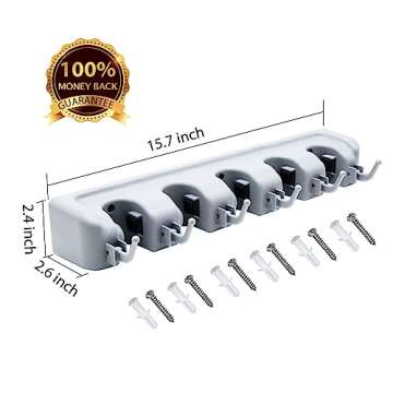 LETMY Broom Holder Wall Mounted - Mop and Broom Hanger Holder - Garage Storage Rack & Garden Tool Organizer - 5 Position 6 Hooks for Home, kitchen, Garden, Tools, Garage