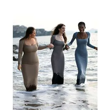 PUMIEY Long Sleeve Dress for Women Maxi Dress Bodycon Dresses for Women Long Fall Dresses Grey Dress Stone Large