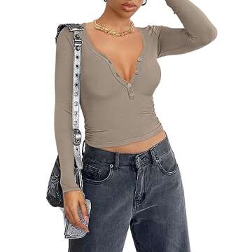 REORIA Women Fall Sexy Long Sleeve Henley T Shirts V Neck Button up Casual Basic Vintage Y2K Slim Fi...