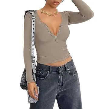 REORIA Women Fall Sexy Long Sleeve Henley T Shirts V Neck Button up Casual Basic Vintage Y2K Slim Fi...