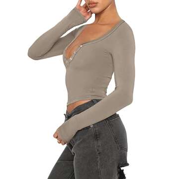 REORIA Women Fall Sexy Long Sleeve Henley T Shirts V Neck Button up Casual Basic Vintage Y2K Slim Fitted Ribbed Knit Tees Crop Tops Grey Brown Medium