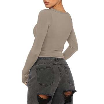 REORIA Women Fall Sexy Long Sleeve Henley T Shirts V Neck Button up Casual Basic Vintage Y2K Slim Fitted Ribbed Knit Tees Crop Tops Grey Brown Medium