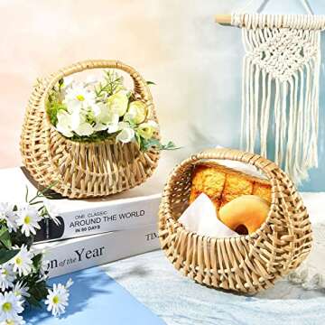 Rattan Half-moon Wicker Basket - Small Willow Straw Basket with Handle, Ideal for Wedding Flower Girl, Picnic, Garden Storage, and Home Decor(3 Pcs)