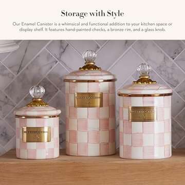 MACKENZIE-CHILDS Medium Enamel Canister, Kitchen Storage Container for Flour and Sugar, 1.42 Liters, Pink-and-White Rosy Check