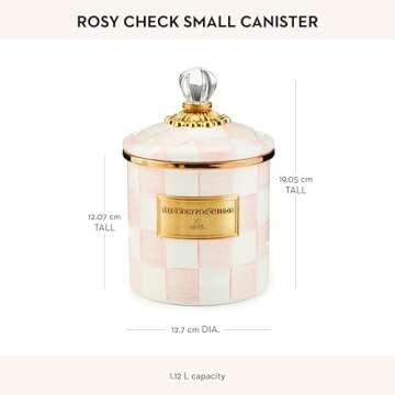 MACKENZIE-CHILDS Medium Enamel Canister, Kitchen Storage Container for Flour and Sugar, 1.42 Liters, Pink-and-White Rosy Check