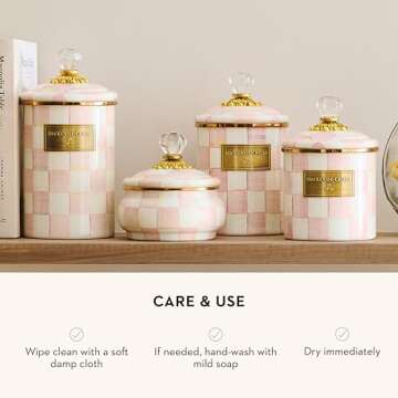 MACKENZIE-CHILDS Medium Enamel Canister, Kitchen Storage Container for Flour and Sugar, 1.42 Liters, Pink-and-White Rosy Check