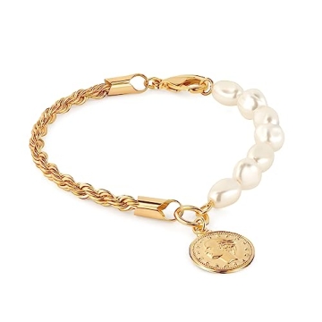 Barzel 18K Gold Plated Rope & Pearl Bracelet with Coin Charm, 7.5 Inches - Made in Brazil