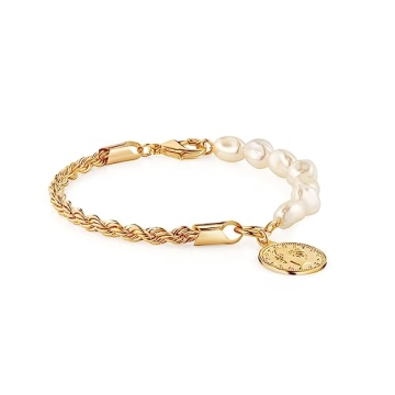 Barzel 18K Gold Plated Rope & Pearl Bracelet with Coin Charm, 7.5 Inches - Made in Brazil