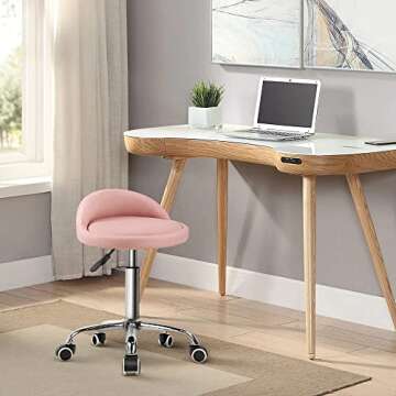 KKTONER PU Leather Round Rolling Stool with Back Rest Height Adjustable Swivel Drafting Work SPA Tas...