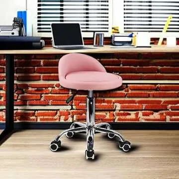 KKTONER PU Leather Round Rolling Stool with Back Rest Height Adjustable Swivel Drafting Work SPA Task Chair with Wheels Pink