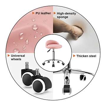 KKTONER PU Leather Round Rolling Stool with Back Rest Height Adjustable Swivel Drafting Work SPA Task Chair with Wheels Pink