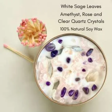 Picki Nicki White Sage and Santal Smudge Candle with Rose Quartz and Amethyst Gemstone Crystals 7.8 oz Made with Natural Soy Wax Scented with Essential and Fragrance Oils (Rose, White)