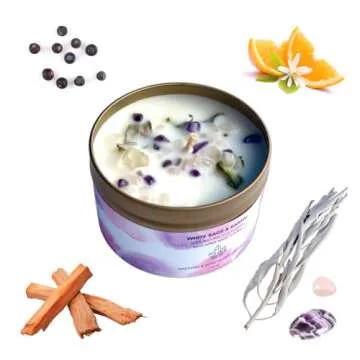 Picki Nicki White Sage and Santal Smudge Candle with Rose Quartz and Amethyst Gemstone Crystals 7.8 oz Made with Natural Soy Wax Scented with Essential and Fragrance Oils (Rose, White)