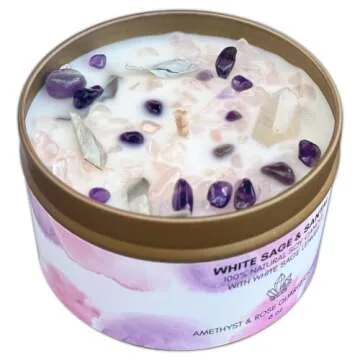 Picki Nicki White Sage and Santal Smudge Candle with Rose Quartz and Amethyst Gemstone Crystals 7.8 oz Made with Natural Soy Wax Scented with Essential and Fragrance Oils (Rose, White)