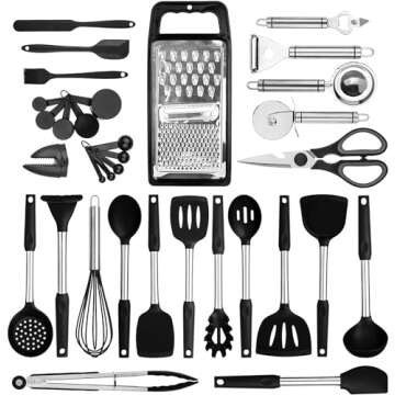 Kitchen Utensil Set-Silicone Cooking Utensils-46 Kitchen Gadgets & Spoons for Nonstick Cookware-Silicone and Stainless Steel Spatula Set-Best Kitchen Tools, Useful Pots and Pans Accessories