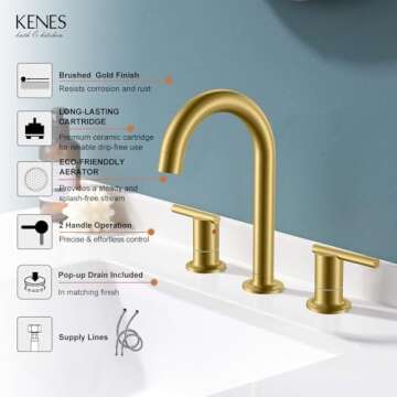 KENES Brushed Gold Two Handle 8 Inch Widespread Bathroom Sink Faucet, Gold High Arc Lavatory Vanity Sink Faucet 3 Hole with Pop Up Drain & Supply Lines LJ-9018-4