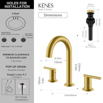 KENES Brushed Gold Two Handle 8 Inch Widespread Bathroom Sink Faucet, Gold High Arc Lavatory Vanity Sink Faucet 3 Hole with Pop Up Drain & Supply Lines LJ-9018-4